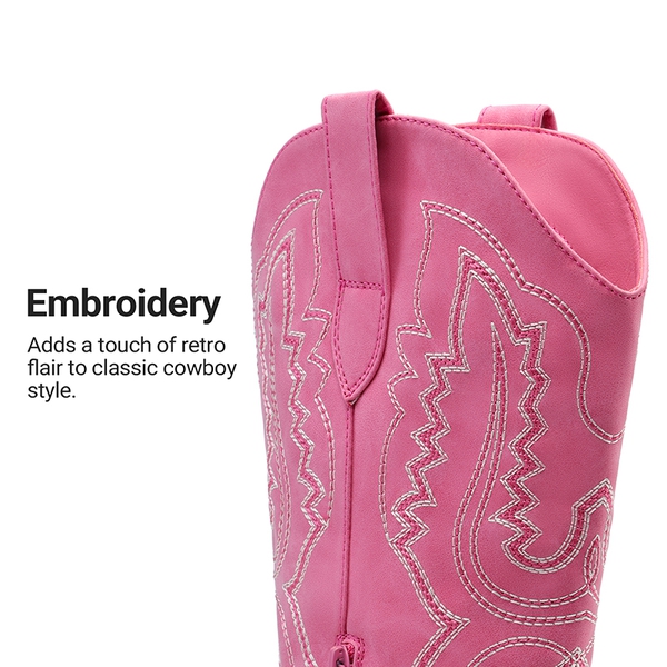 Women’s Embroidered Square Toe Western Cowboy Boots with Zipper - HOT PINK - 5