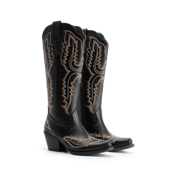Women’s Embroidered Square Toe Western Cowboy Boots with Zipper - BLACK - 4