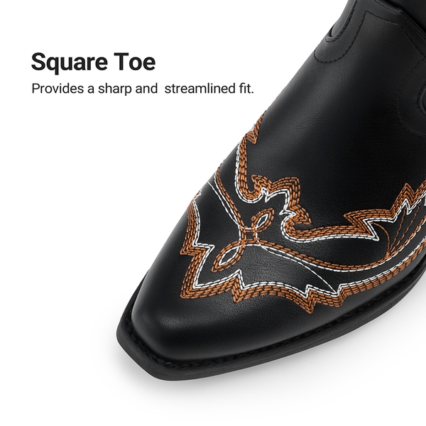 Women’s Embroidered Square Toe Western Cowboy Boots with Zipper - BLACK - 7