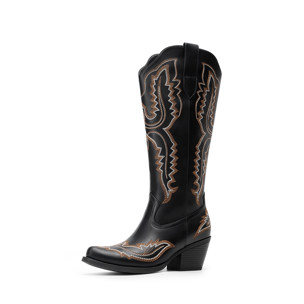 Women’s Embroidered Square Toe Western Cowboy Boots with Zipper - BLACK -  0