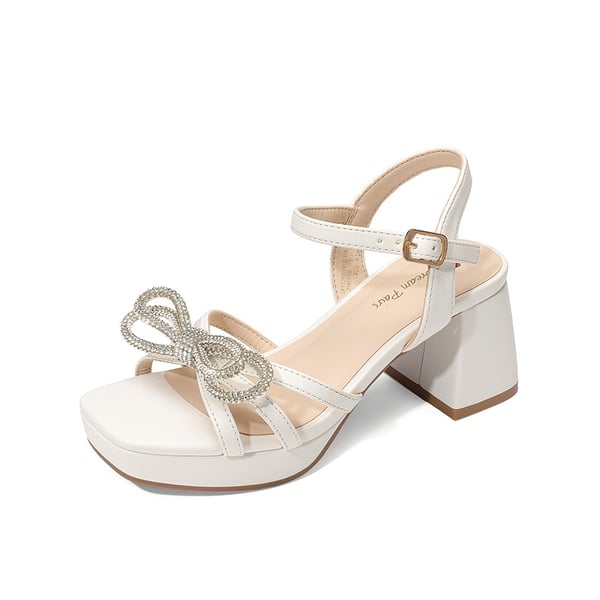 Girls’ Square Toe Dress Heels with Sparkling Bow - WHITE -  0