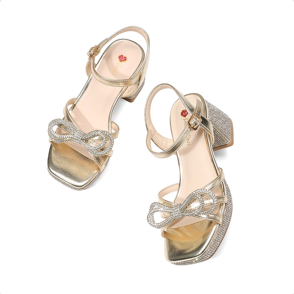 Girls’ Square Toe Dress Heels with Sparkling Bow - GOLD-METALLIC - 5