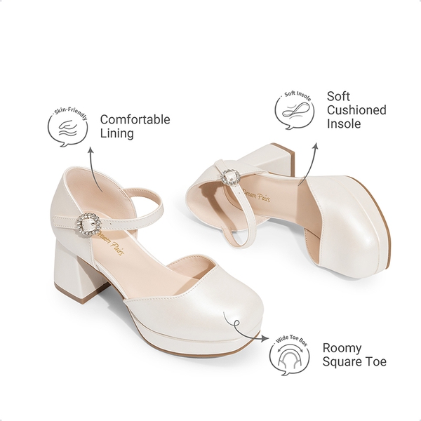 Girls’ Square Toe Adjustable Strap Dress Shoes - IVORY - 4