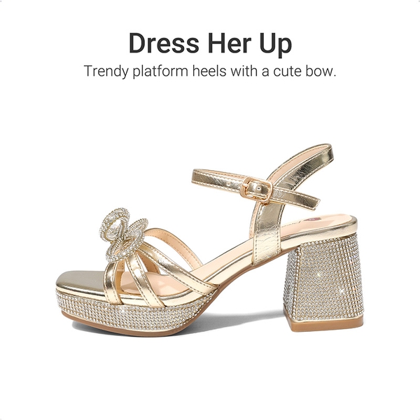 Girls’ Square Toe Dress Heels with Sparkling Bow - GOLD-METALLIC - 2