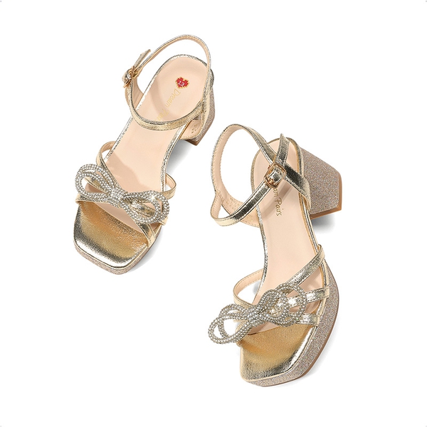 Girls’ Square Toe Dress Heels with Sparkling Bow - GOLD-GLITTER - 5