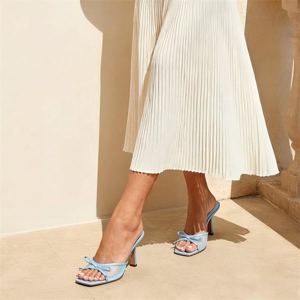 Women’s Square Toe Bow Mules with Cushioned Insole - LIGHT BLUE - 2