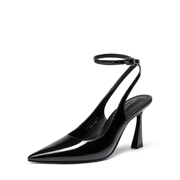 Women’s Pointed Toe Slingback Pumps with Buckle Strap - BLACK-PAT -  0