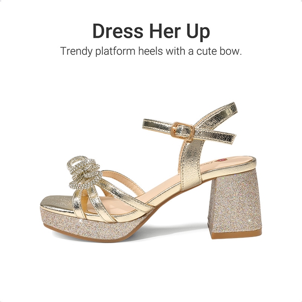 Girls’ Square Toe Dress Heels with Sparkling Bow - GOLD-GLITTER - 2