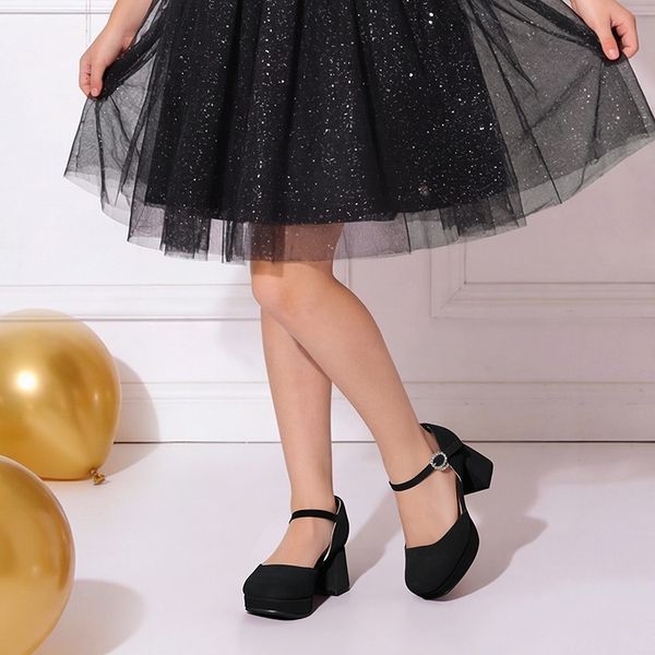 Girls’ Square Toe Adjustable Strap Dress Shoes - BLACK - 1