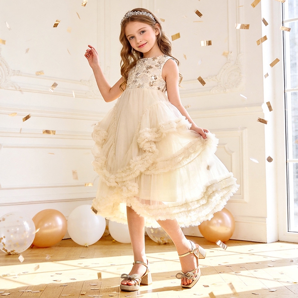 Girls’ Square Toe Dress Heels with Sparkling Bow - GOLD-GLITTER - 1