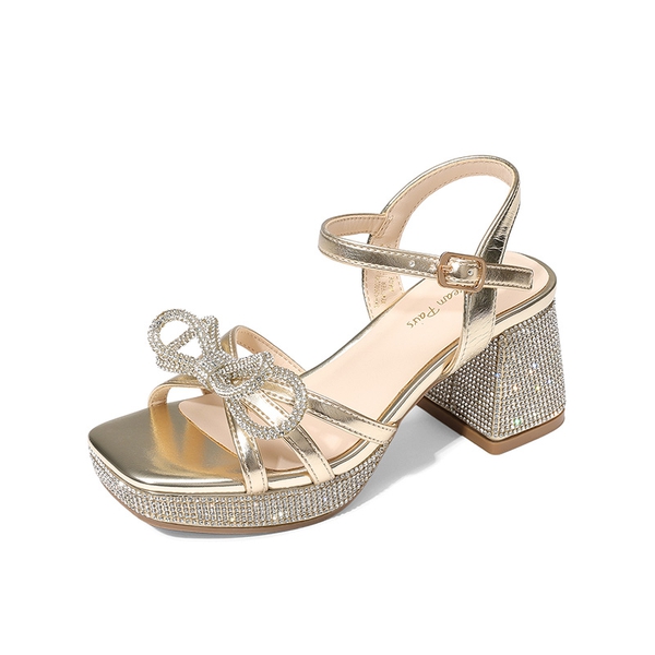 Girls’ Square Toe Dress Heels with Sparkling Bow - GOLD-METALLIC -  0