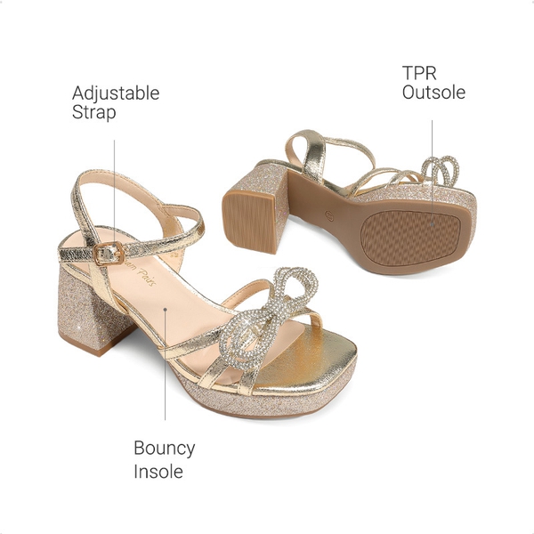 Girls’ Square Toe Dress Heels with Sparkling Bow - GOLD-GLITTER - 4