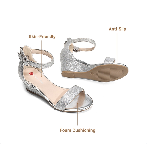 Girls’ Sparkly Wedge Sandals with Cushioned Heel - SILVER - 2