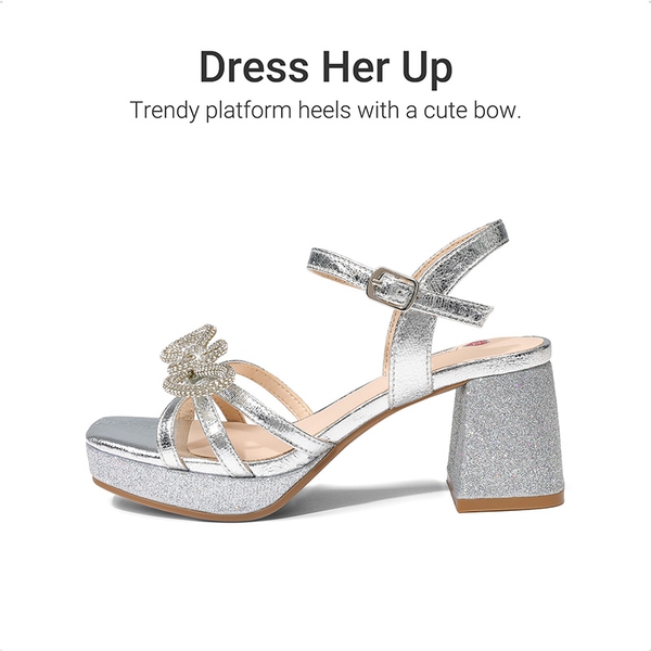 Girls’ Square Toe Dress Heels with Sparkling Bow - SILVER - 2