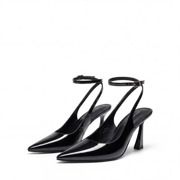 Women’s Pointed Toe Slingback Pumps with Buckle Strap - BLACK-PAT - 4