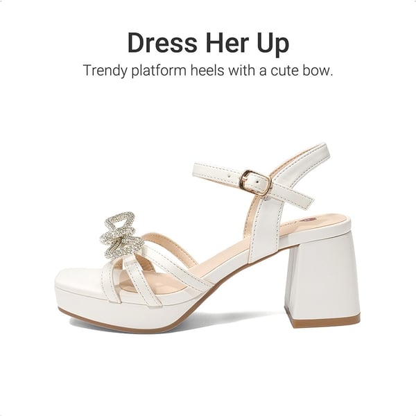 Girls’ Square Toe Dress Heels with Sparkling Bow - WHITE - 2