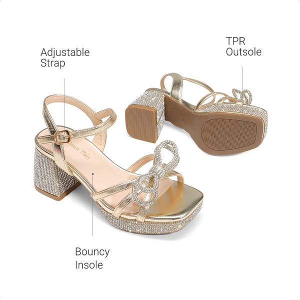 Girls’ Square Toe Dress Heels with Sparkling Bow - GOLD-METALLIC - 4