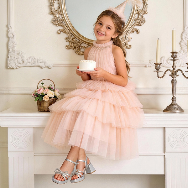 Girls’ Square Toe Dress Heels with Sparkling Bow - SILVER - 1