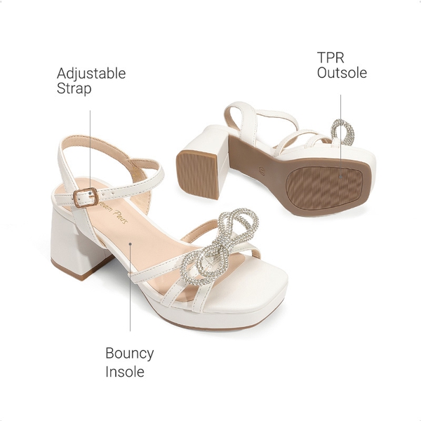 Girls’ Square Toe Dress Heels with Sparkling Bow - WHITE - 4