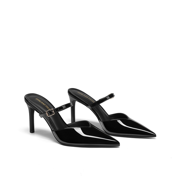 Women’s Mule Stiletto Heels with Adjustable Strap - BLACK-PAT - 4