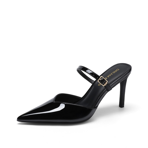 Women’s Mule Stiletto Heels with Adjustable Strap - BLACK-PAT -  0