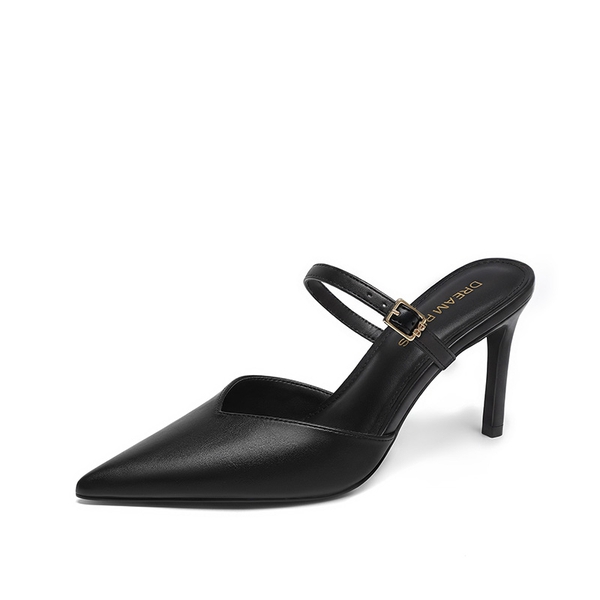 Women’s Mule Stiletto Heels with Adjustable Strap - BLACK-PU -  0