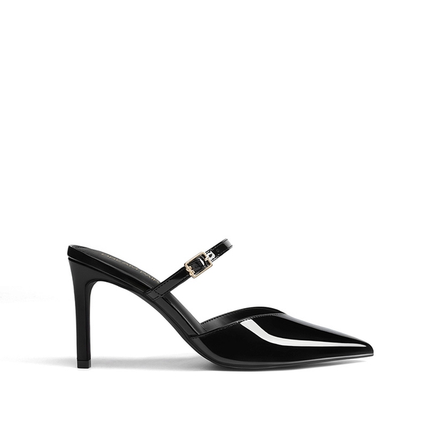 Women’s Mule Stiletto Heels with Adjustable Strap - BLACK-PAT - 3