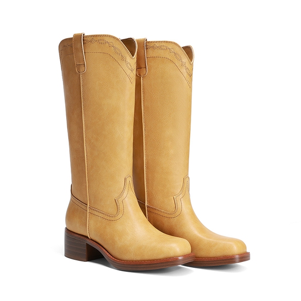 Women’s Retro Embroidered Tall Boots - ALL YELLOW - 4