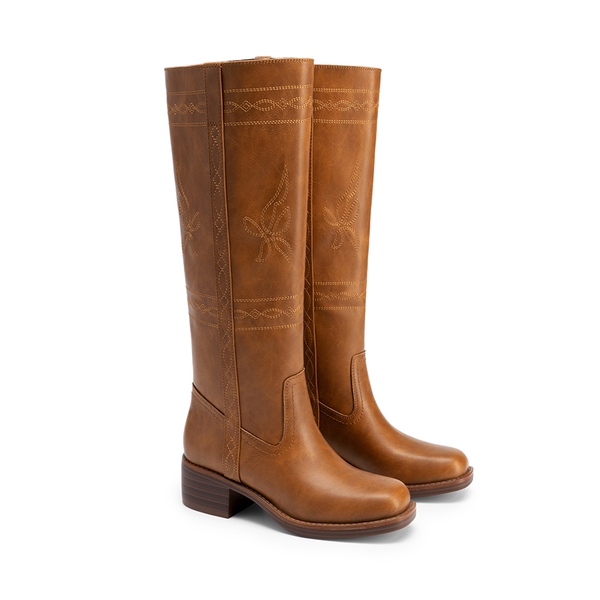 Women’s Square Toe Knee-High Western Boots - TAN - 5