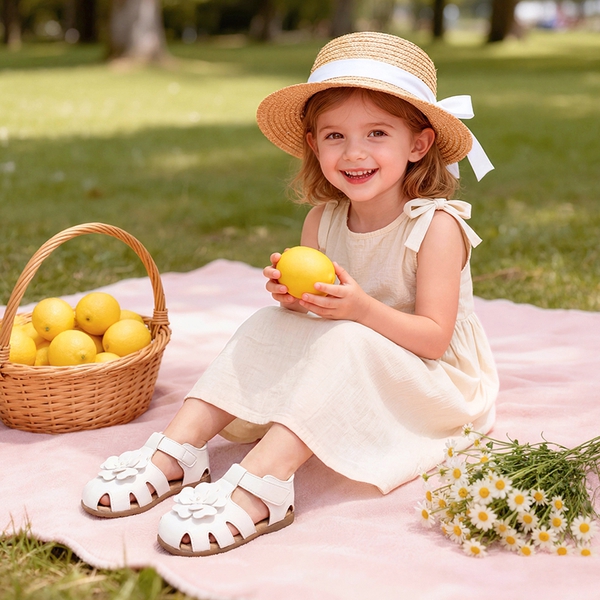 Girls’ Floral Closed Toe Hook-and-Loop Sandals - WHITE - 1