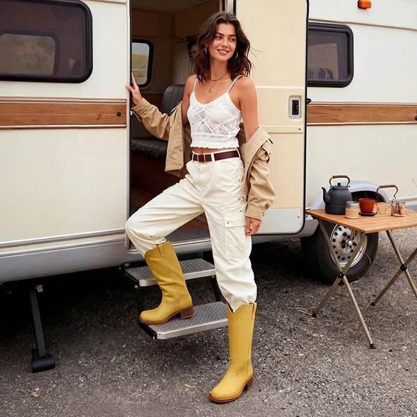 Women’s Retro Embroidered Tall Boots - YELLOW - 1