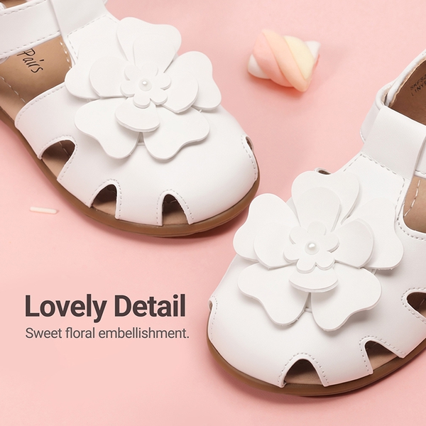 Girls’ Floral Closed Toe Hook-and-Loop Sandals - WHITE - 3