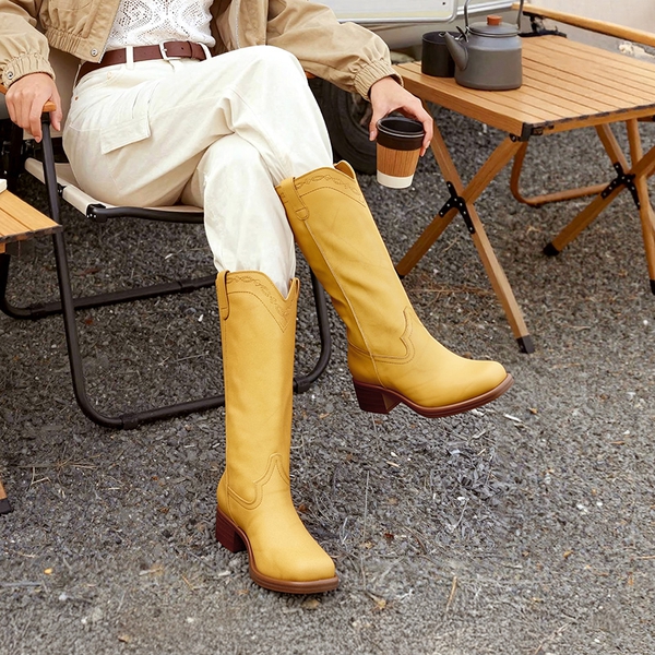 Women’s Retro Embroidered Tall Boots - YELLOW - 2