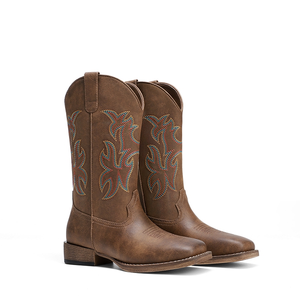 Women’s Flame Embroidered Cowboy Boots - BROWN - 4