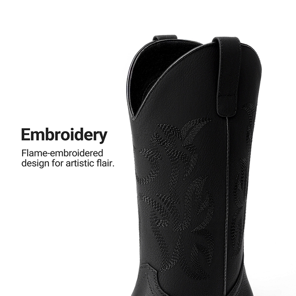 Women’s Flame Embroidered Cowboy Boots - BLACK - 6
