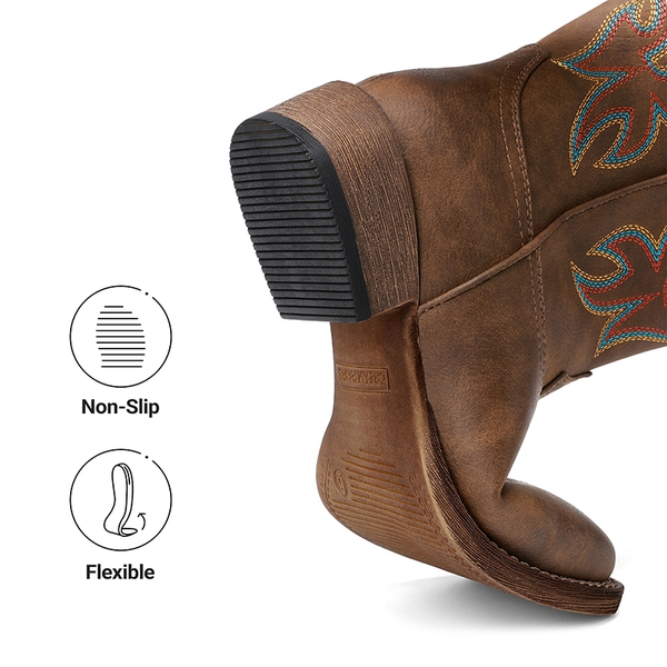 Women’s Flame Embroidered Cowboy Boots - BROWN - 7