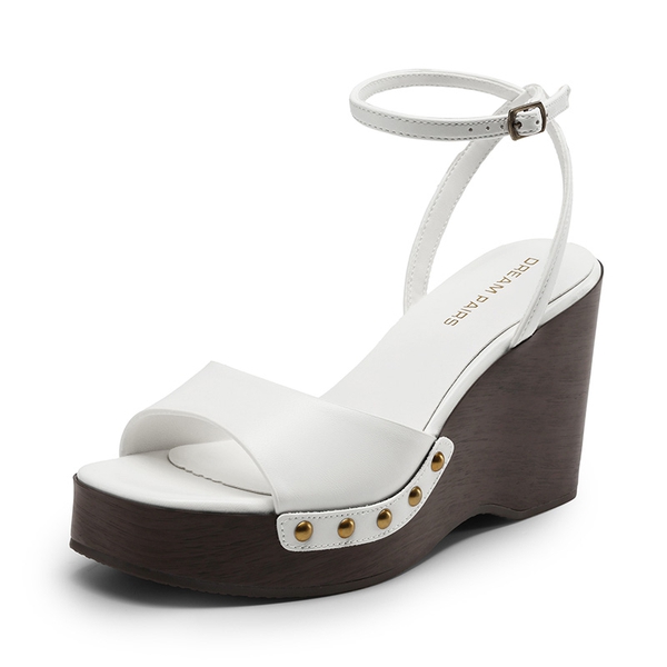 Women’s Studded Square-Toe Boho Wedge Sandals - WHITE -  0
