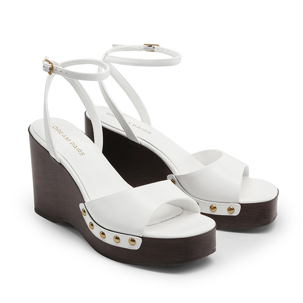 Women’s Studded Square-Toe Boho Wedge Sandals - WHITE - 4