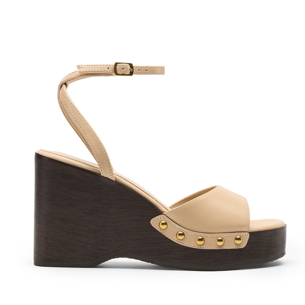 Women’s Studded Square-Toe Boho Wedge Sandals - NUDE - 3