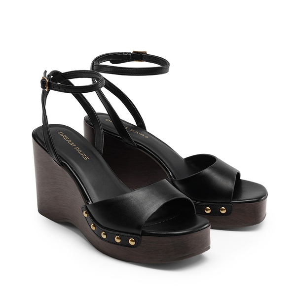 Women’s Studded Square-Toe Boho Wedge Sandals - BLACK - 4
