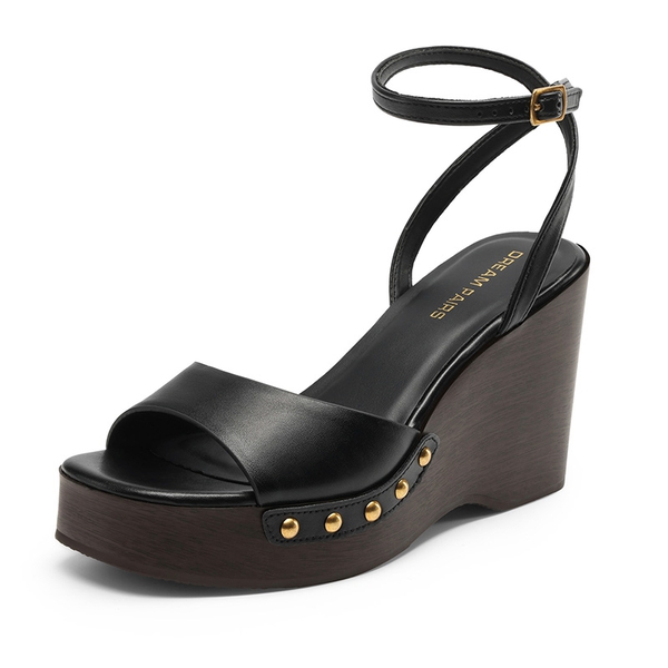 Women’s Studded Square-Toe Boho Wedge Sandals - BLACK -  0