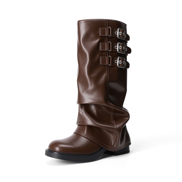 Women’s Knee-High Moto Boots - BROWN -  0