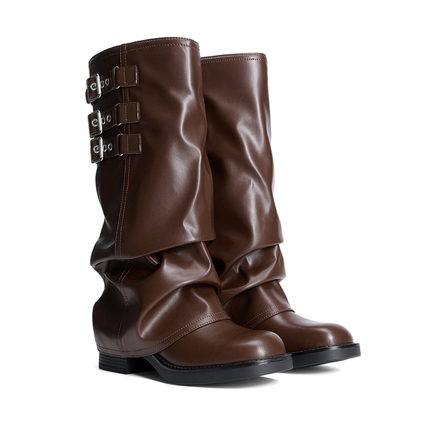 Women’s Knee-High Moto Boots - BROWN - 4