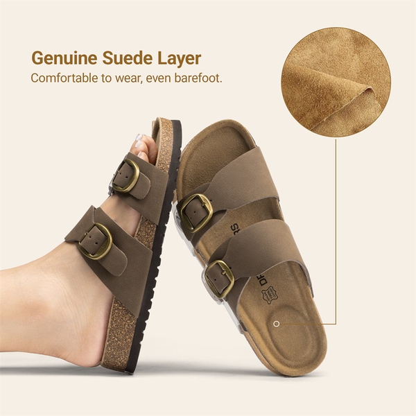 Women’s Leather Slip-On Sandals with Arch Support - BROWN - 3