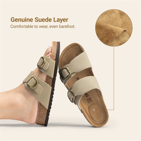 Women’s Leather Slip-On Sandals with Arch Support - TAUPE - 3