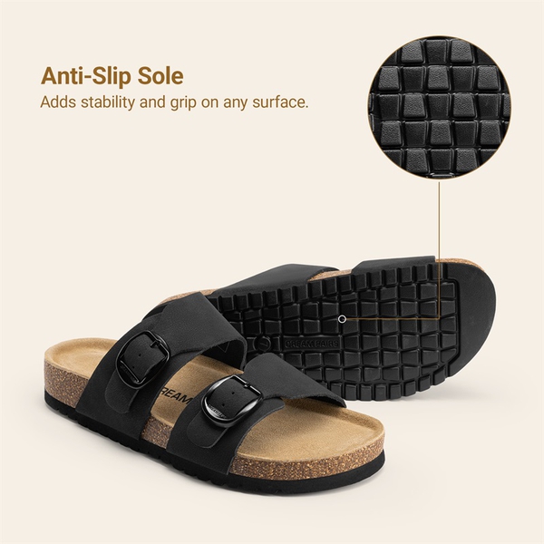 Women’s Leather Slip-On Sandals with Arch Support - BLACK - 5