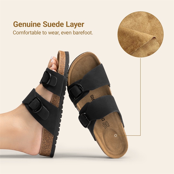 Women’s Leather Slip-On Sandals with Arch Support - BLACK - 3