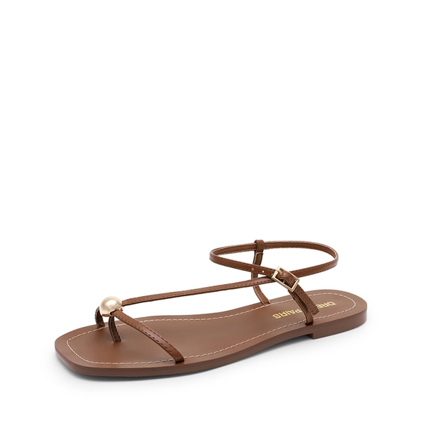 Women’s Strappy Sandals with Metal Accents - BROWN -  0