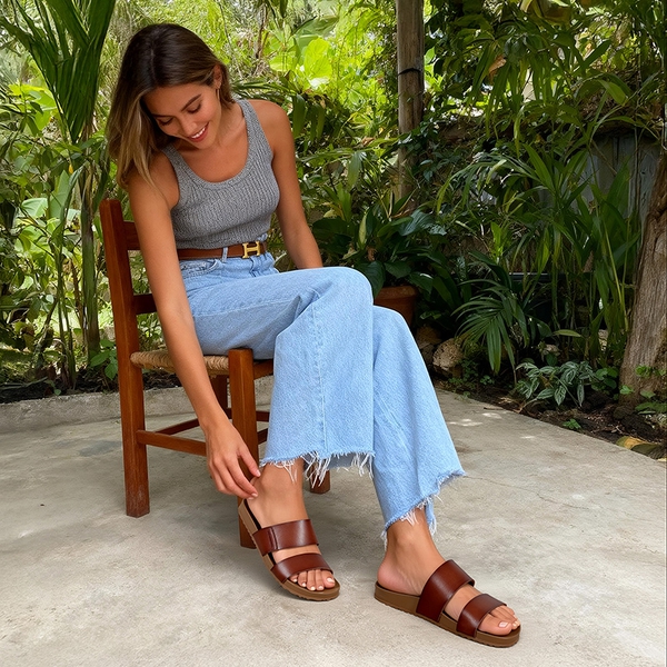 Women’s Double Strap Lightweight Slide Sandals - BROWN - 1