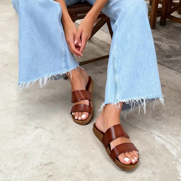 Women’s Double Strap Lightweight Slide Sandals - BROWN - 2